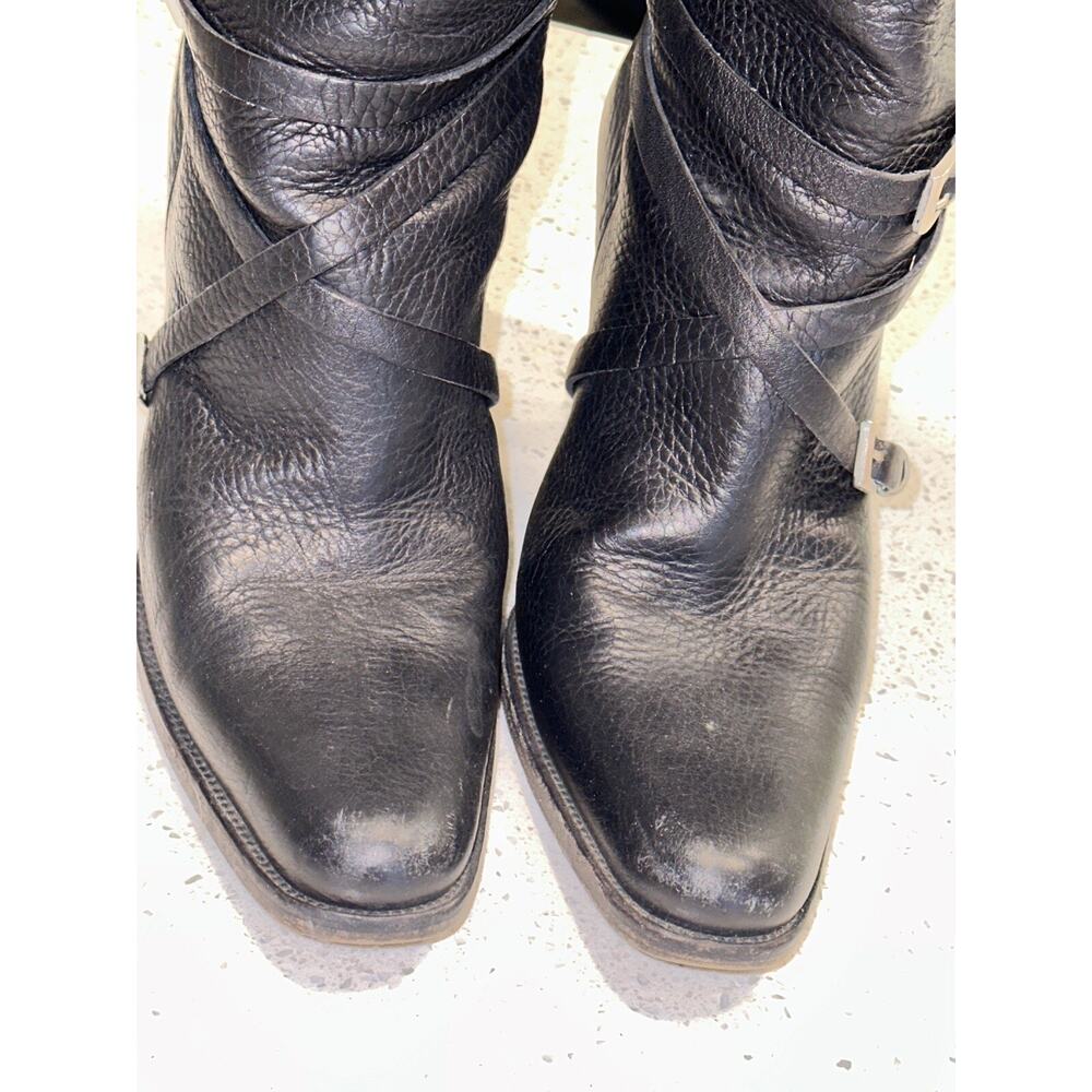 Vintage Prada Black Leather Pebbled 4” Heel Silver Buckle Straps Boots 39 8 Sexy - Picture 5 of 15